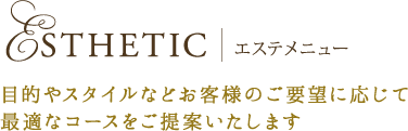 エステメニュー
目的やスタイルなどお客様のご要望に応じて
最適なコースをご提案いたします